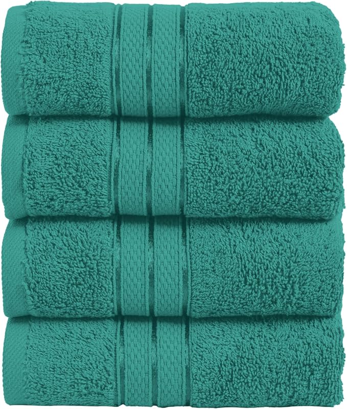 Elegant Comfort Three Line Popcorn Towel Set for Bathroom 16 x 28 inches, Premium Hotel Quality 4-Pack Hand Towels, 100% Turkish Cotton, Soft and Durable, Quick Dry and Highly Absorbent, Teal Blue