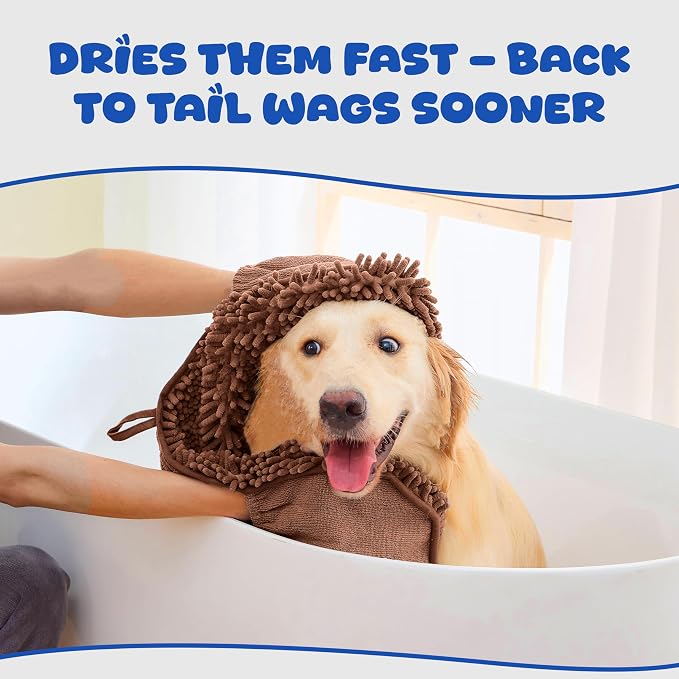 Dog Towel Microfiber, Coffee | Super Absorbent, Fast Dry, Hand Pockets, Large & Small Dogs, Machine Washable