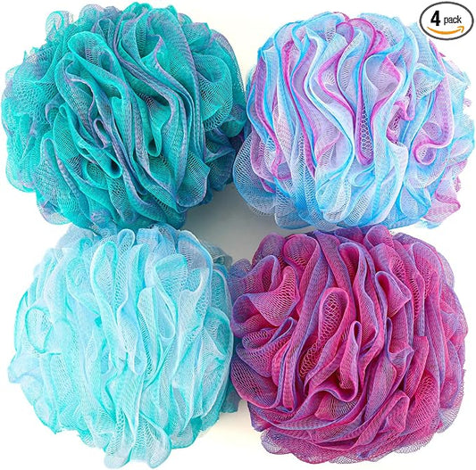 BTYMS XXL Large Loofah Bath Sponge 100g/pc, Exfoliating Mesh Pouf Bath Scrunchies Shower Puffs - Pack of 4