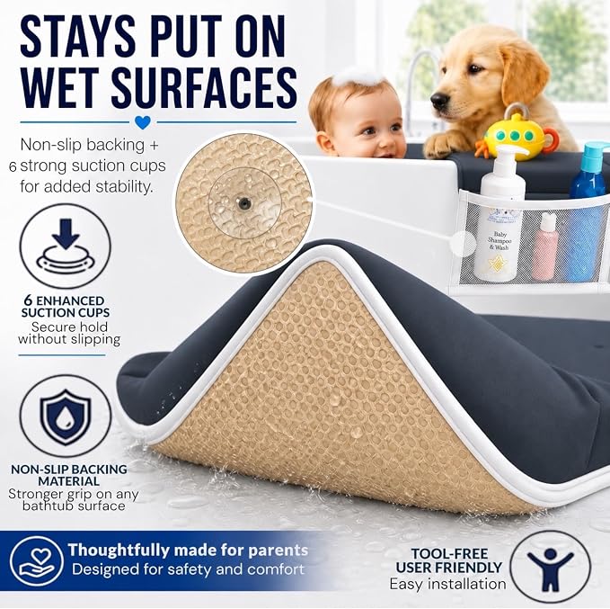 Comfortable Baby Bath Kneeler and Elbow Rest Pad Set, Non-Slip Bathtub Kneeling Pad for Bathing Baby, Bath Tub Cushion Mat, Elbow Pads, Toy Organizer Storage Pockets, Strong Suction Cups (Dark Gray)