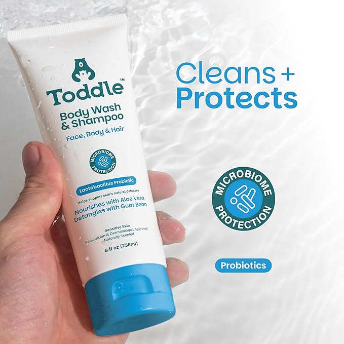 3-in-1 Probiotic Baby Shampoo and Body Wash, Plant-Based Kids’ and Toddler Body Wash for Sensitive Skin with Aloe and Lactic Acid, Fragrance-Free, Pediatrician Tested, 8 oz