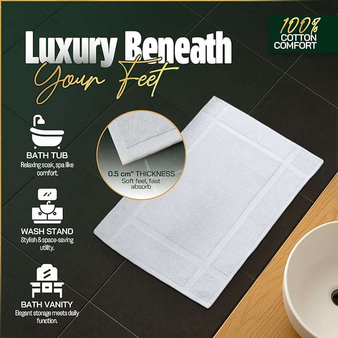 Pearl Linens Pack of 2 100% Cotton Bath Mat 18x25 inches, Soft & Absorbent Quick Dry Bathroom Mat Set, Not Bathroom Rugs, After Shower Mat, Bath Tub Mat, 781 GSM, Machine Washable, White