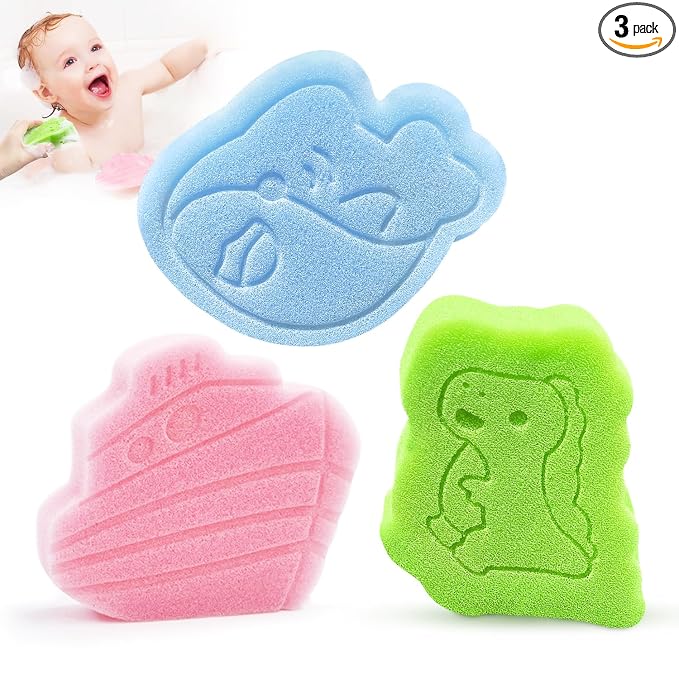 Baby Bath Sponge, Natural Cute Shapes Soft Shower Sponges for Bathing, Bathtub Foam for Infants and Toddler, 3pcs : Blue Whale, Pink Ship, Green Dinosaur