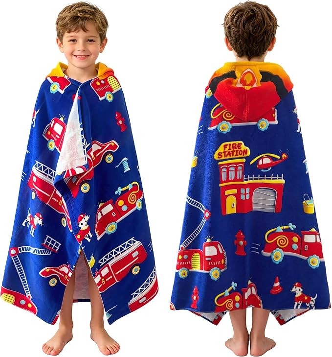 VOOVA & MOVAS Kids Bath Towels Age 3-8, 30''X50, Soft | Thick | 100% Cotton, Beach | Pool | Bath | Swim Towels | Cover Up for Boys, Blue Fire Truck Theme