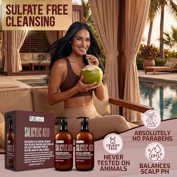 Salicylic Acid Shampoo and Conditioner Set - Sulfate Free, Exfoliating Blend for Scalp - Professional Anti Itch, Deep Cleansing Formula - Build Up Removal for Women and Men - 16 Fl Oz (Set of 2)