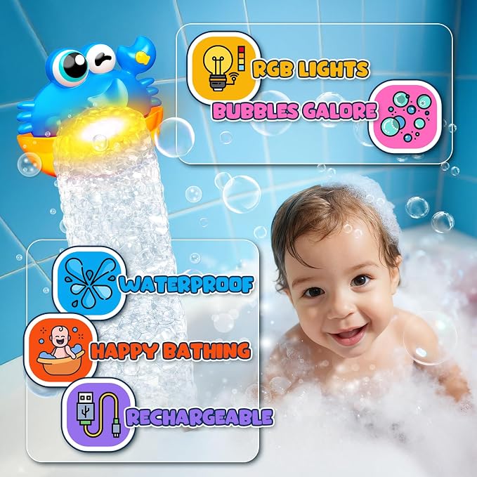 Bath Toys for Kids Ages 1-3,Light Up Baby Bath Toys Crab Bubble Maker with Colourful Light Toddler Bathtub Birthday Gifts Easter Stocking Stuffers for Boys Girls Aged 1-3 2-4 3-5