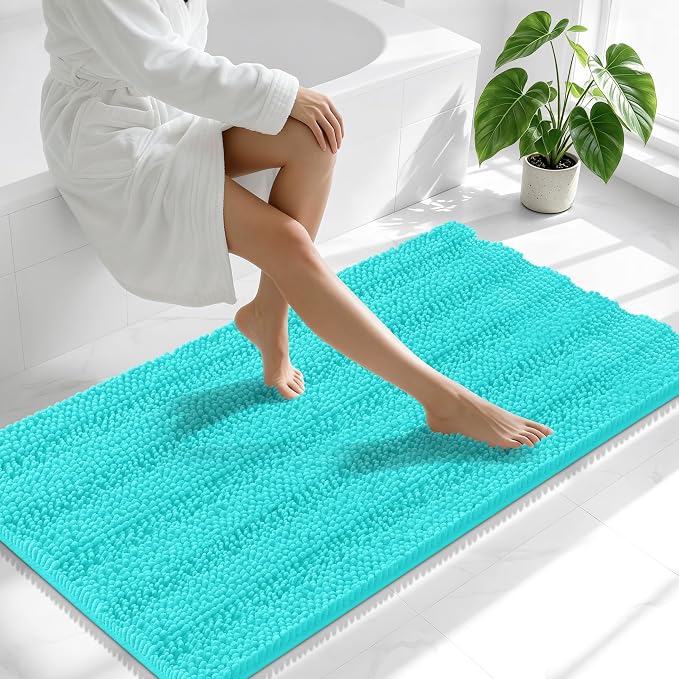 Smiry Thick Chenille Bathroom Runner Rugs 47x24, Extra Absorbent Striped Bath Mat, Machine Washable, Rubber Backing, Long Bath Rugs for Tub & Shower, Modern Home Decor Accessories, Teal