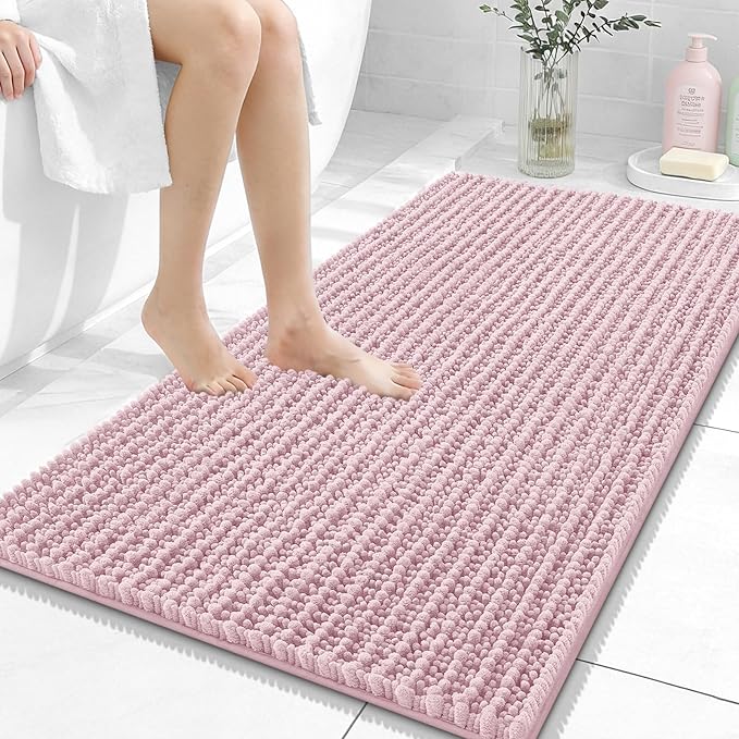 OLANLY Bathroom Rug Mat 44x24, Thick Soft and Absorbent Chenille Bath Mat, Non-Slip Rubber Backing, Machine Washable Quick Dry Bath Rugs for Tub Shower Floor, Home Decor Accessories, Dusty Rose
