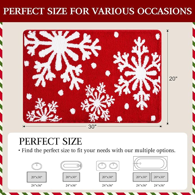 ACCUMTEK Upgraded Waffle Bath Mat，Super Absorbent Non-Slip Quick Dry Bathroom Rugs with Tassels,30"x20",Red-Snow,Red-Xmas Snowflakes