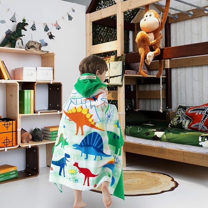 VOOVA & MOVAS Dinosaur Hooded Beach Towel for Kids Age 3-8, Large 30"x50" 100% Cotton Ultra Absorbent Wearable Wrap, Bath Towel for Beach Pool Swim, Birthday Gift for Kids