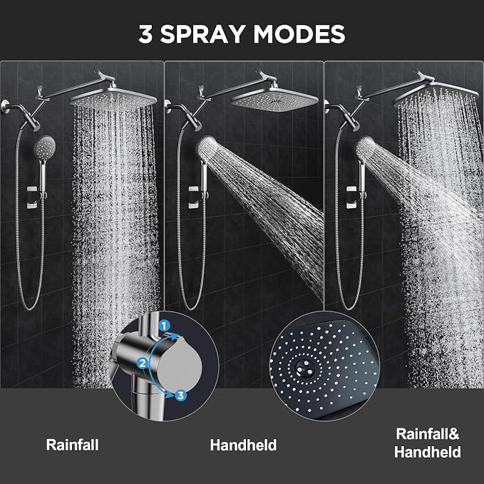 Veken 11.8" Rain Shower Head with Handheld, High Pressure Handheld Shower with Multi Spray Modes, Rainfall Combo with 15" Metal Extension Arm, Detachable Dual Shower, Bathroom Decor, Gunmetal Gray