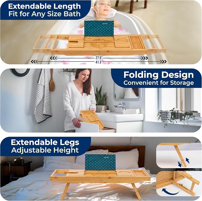 SereneLife 2 in 1 Bed and Bath Tray - Foldable Bamboo Bathtub Caddy with Adjustable Length, Non-Slip, Device Holder, Wine Glass Slot, Expandable for Comfortable Bathing, Natural, 2in1, Folding Set