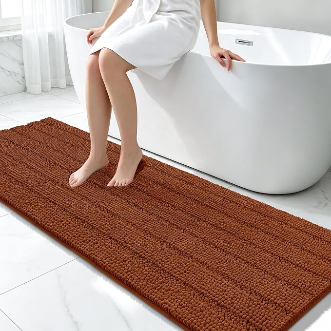 Bcoimo Long Bathroom Rug, Chenille Bath Runner with High Low Pile Design, Soft Absorbent Non Slip Bath Mat, Machine Washable Quick Dry Rug for Shower, Tub, Sink and Vanity