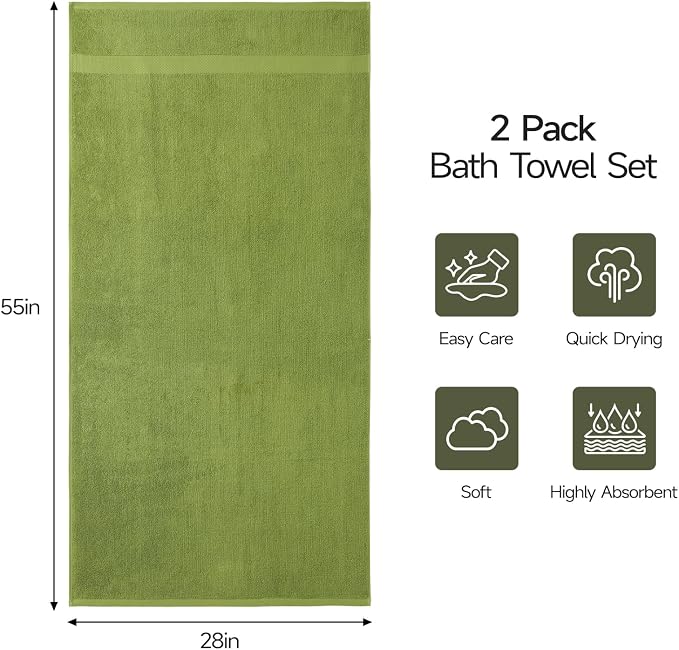 ecolook 2 Pack 100% Cotton Bath Towels, 28 x 55 Inches, Soft | Lightweight, Highly Absorbent & Quick Dry Body Towels for Bathroom, Shower, Gym & Daily Use, Green