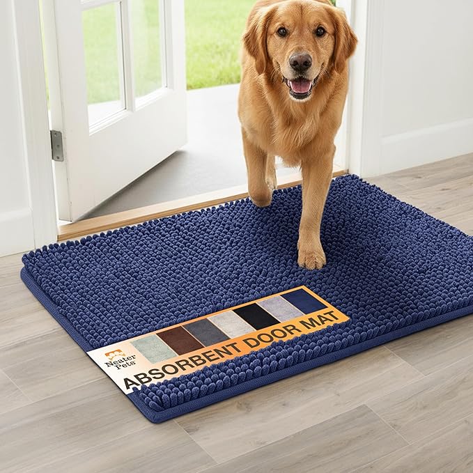 Neater Pets Muddy Paws Dog Door Mat 36” x 24” – Super Absorbent & Quick-Dry Chenille Doormat for Trapping Dirt, Water, Mud - Non-Slip & Machine Washable Pet Rugs for Entryway, Indoor Mud Mats, Navy