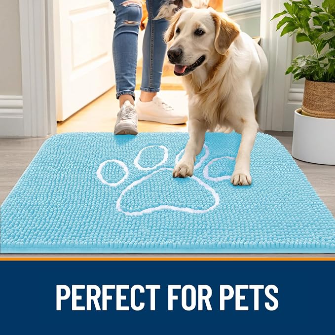 OLANLY Dog Door Mat for Muddy Paws 36x24, Paw Print Design, Absorbs Moisture and Dirt, Absorbent Non-Slip Washable Doormat, Quick Dry Chenille Mud Mat for Dogs, Entry Indoor Entryway Carpet, Blue