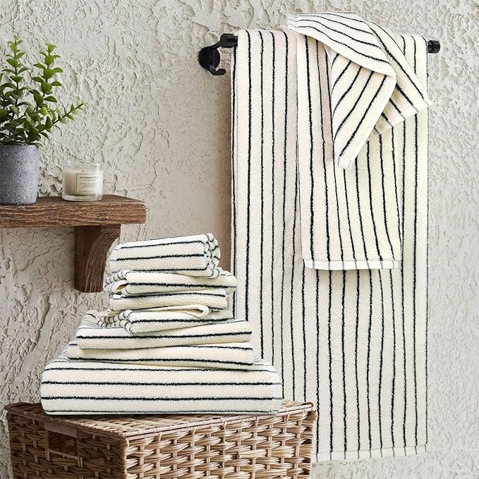Jacquotha 8 Piece Black and Ivory Towel Set, Super Soft & Absorbent Cotton Striped Towels for Bathroom Decor, 2 Bath, 2 Hand, 4 Washcloths
