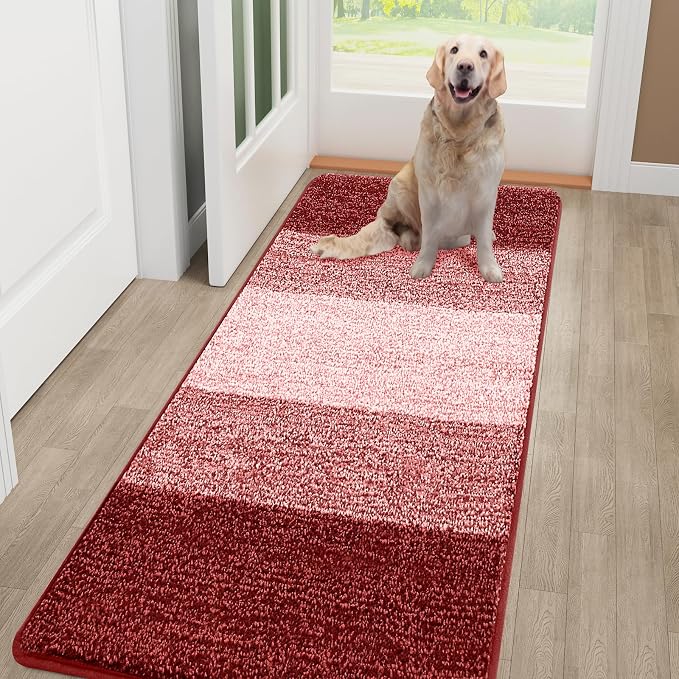 Smiry Dog Door Mat for Muddy Paws, Absorbs Moisture and Dirt, Low-Profile Entryway Mat with Non-Slip Backing, Entry Indoor Outdoor Doormat for Inside Floor (59x32 Inches, Burgundy, Striped)