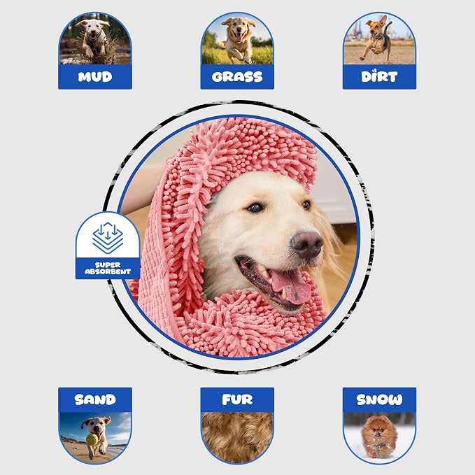 Super Absorbent Microfiber Dog Towel – Large Quick Dry Pet Bath Towel for Drying Dogs After Bathing, Swimming & Grooming – Puppy, Small & Large Dog Bath Supplies-Coffee (Pink)