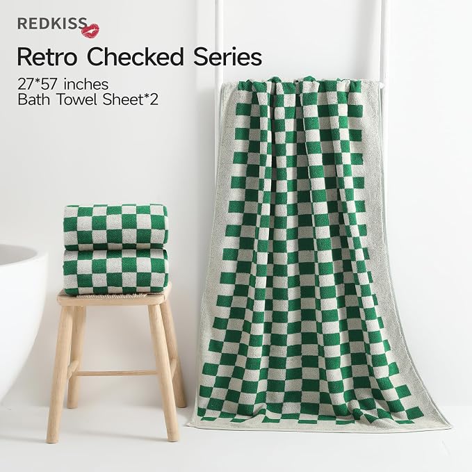 REDKISS 2 Piece Green Checkered Bath Towels Set -Highly Absorbent 600GSM Cotton Towels for Bathroom Decoration, Retro Green Checker Design