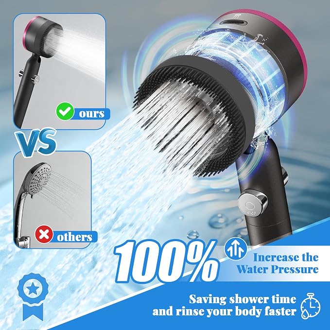 Filtered Handheld Shower Head, High Pressure Power Showerhead with 5 Filters & 59" Flexible Hose, 360° Rotating Adjustable Shower Head with Wall Holder & ON/Off Switch for Hair & Skin, Black