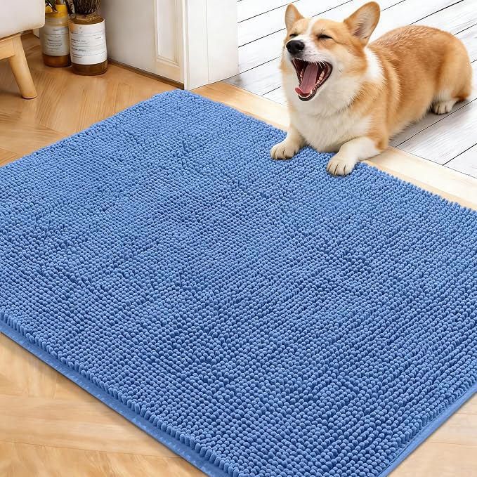 OLANLY Dog Door Mat for Muddy Paws 40x32, Absorbs Moisture and Dirt, Absorbent Non-Slip Washable Doormat, Quick Dry Chenille Mud Mat, Entry Indoor Entryway Carpet for Inside Floor, Cornflower Blue
