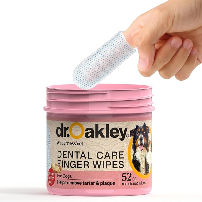 Dr. Oakley Dog Dental Wipes Finger Dental Care - Peanut Butter Flavor | Teeth Cleaner, Plaque Remover