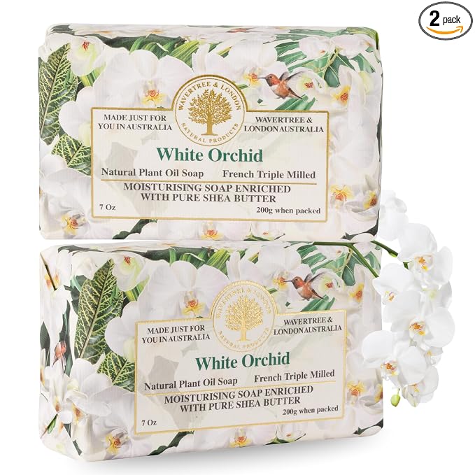 Wavertree & London White Orchid Scented Natural Soap (2 Bars), 7oz Moisturizing French Triple Milled Soap Bars enriched with shea butter - Pure Plant Based Bath & Body Bars for All Skin Types