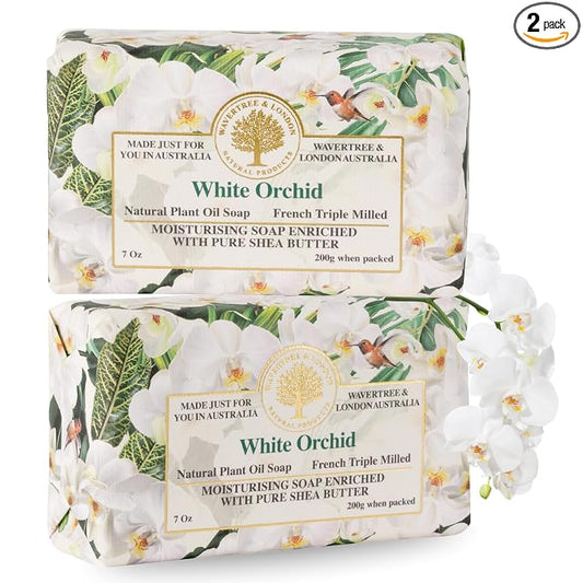 Wavertree & London White Orchid Scented Natural Soap (2 Bars), 7oz Moisturizing French Triple Milled Soap Bars enriched with shea butter - Pure Plant Based Bath & Body Bars for All Skin Types