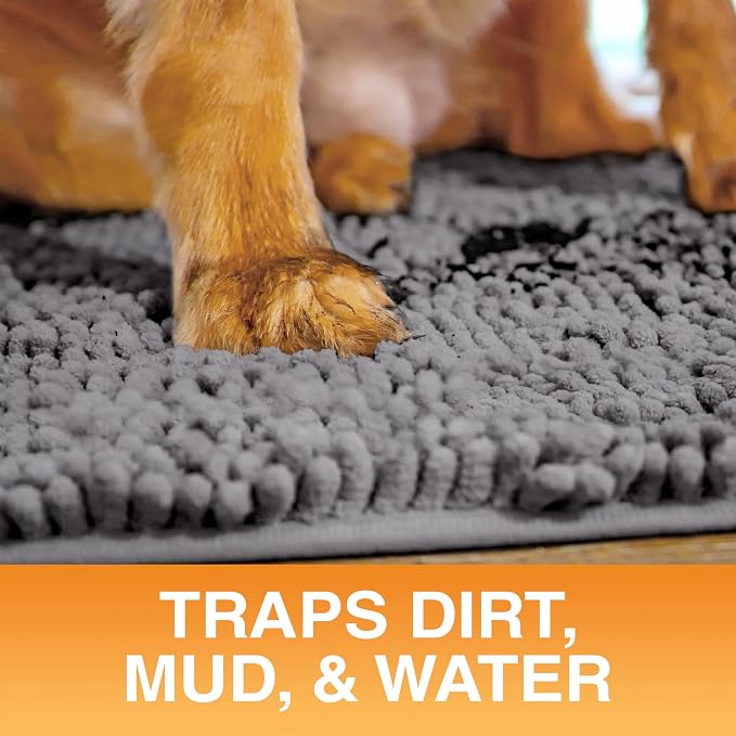 Neater Pets Muddy Paws Dog Door Mat 24” x 17” – Super Absorbent & Quick-Dry Chenille Doormat for Trapping Dirt, Water, Mud - Non-Slip, Machine Washable Pet Rugs for Entryway, Indoor Mud Mats, Charcoal