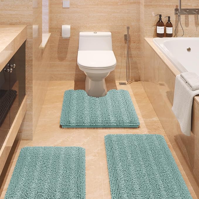 Christmas Striped Eggshell Blue Bathroom Rug Set 3 Pieces Ultra Soft, Non Slip Chenille Bath Carpet, Absorbent Plush Shaggy Bath Mats for Bathroom, Toilet, Bedroom, Kitchen