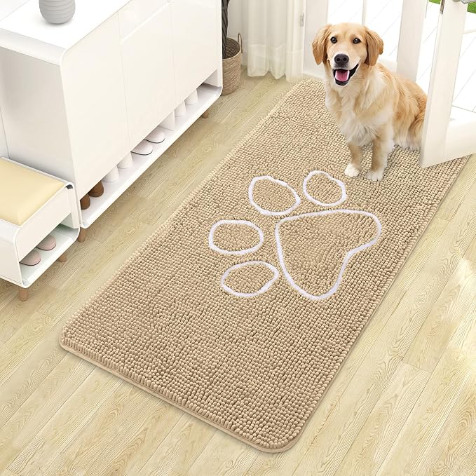 OLANLY Dog Door Mat for Muddy Paws 44x24, Paw Print Design, Absorbs Moisture and Dirt, Absorbent Non-Slip Washable Doormat, Quick Dry Chenille Mud Mat for Dogs, Entry Indoor Entryway Carpet, Beige