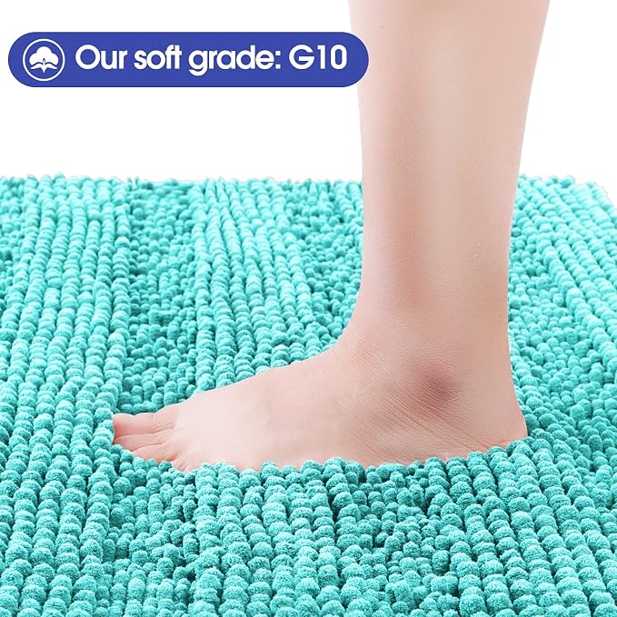 ACCUMTEK Striped Teal Green Bathroom Rug Set 3 Pieces Ultra Soft, Non Slip Chenille Toilet Mat, Absorbent Plush Shaggy Bath Mats for Bathroom, Bedroom, Kitchen, Turquoise
