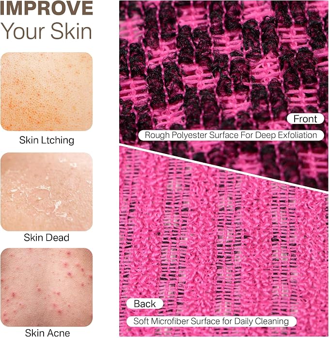 Yiclick Dual-Textured Exfoliating Washcloth Towel - Back Scrubber for Use in Shower Bath, Exfoliating Body Scrubber Exfoliator, Japanese Exfoliate Loofah Lufa Sponge Wash Cloth for Women Men