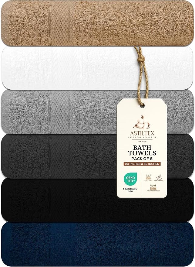 Bath Towels Pack of 6 – 24" x 50" – 100% Cotton Terry, Soft, Quick-Dry & Highly Absorbent – Multi Assorted Towels for Bathroom, Spa, Gym, Hotel, Pool & Everyday Use