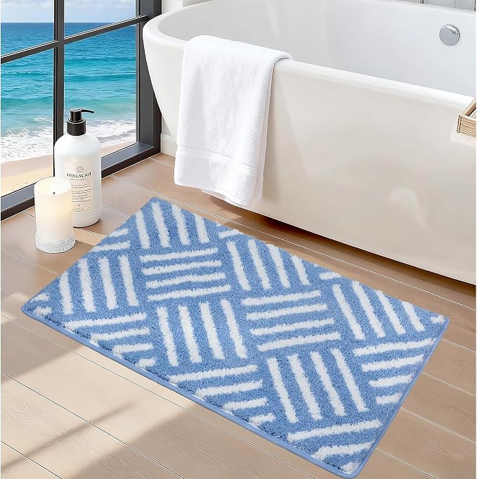 ORTIGIA Striped Blue Bathroom Rugs Non Slip Washable, 20x30 Quick Dry Absorbent Soft Plush Microfiber Bath Mats, Bath Rugs for Bathroom Floor Carpet for Sink Bedroom
