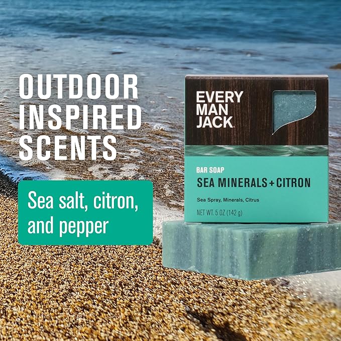 Every Man Jack Cold Processed Mens Bar Soap - Sea Minerals + Citron Scent - Deeply Cleans & Hydrates with Shea Butter and Coconut Oil - (3 Pack)