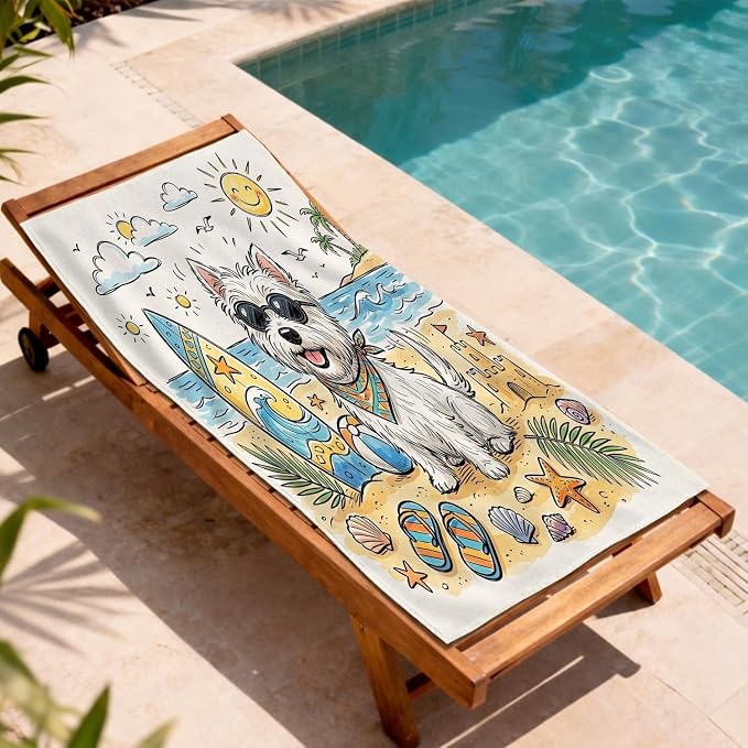Cute Westie Dog Beach Towels for Adults Coastal Beach Shells Quick Dry Bath Towel, Pet Soft Lightweight Blanket Travel Pool Camping Essentials 31x62 Inch