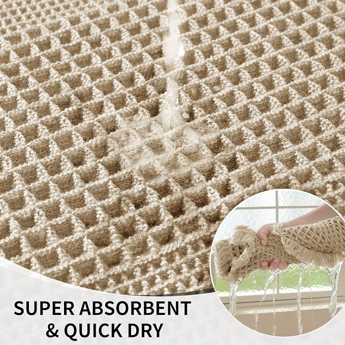 Waffle Bath Mat - Super Water Absorbing Bath Mat Quick Dry, Bathroom Rugs Non Slip Washable with Tassels, Rubber Backed Bathroom Mat for Bathroom Floor, Tub and Shower, 20" x 32", Brown