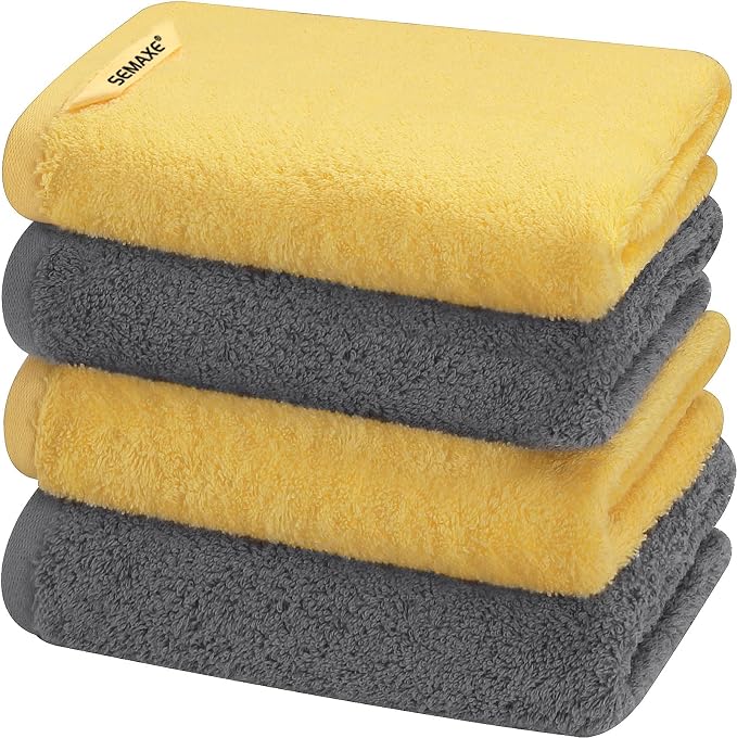 4-Pack Cotton Hand Towels for Bathroom with Hanging Loops, Yellow&Gray | Sink-side towels for drying hands and face, ideal for bathrooms, guest baths, powder rooms, OEKO-TEX certified, easy care