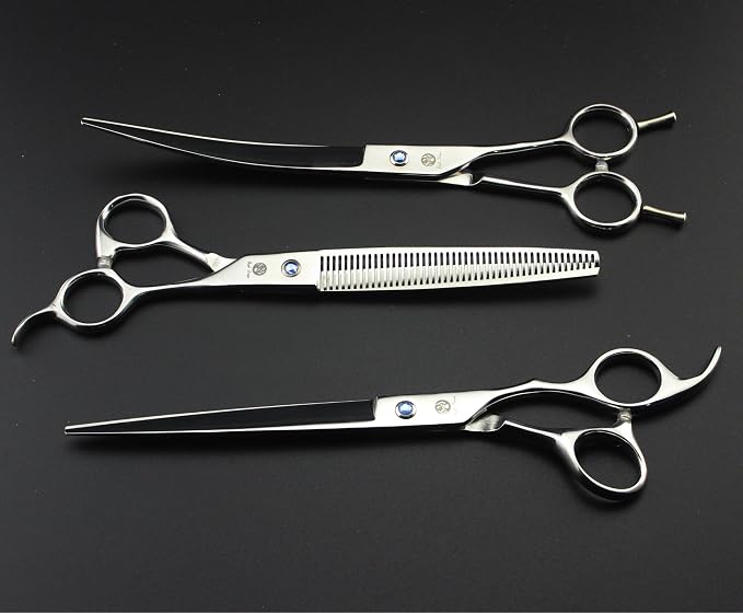 Purple Dragon 8 inch 3 in 1 Professional Pet Grooming Thinning Scissors - Upward Curved Shears and Dog Hair Cutting Scissor - Perfect for Pet Groomer or Family DIY Use (Silver)