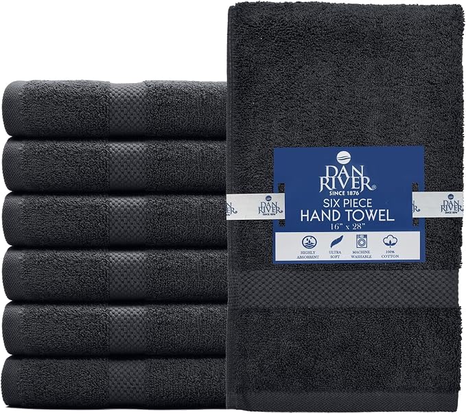 DAN RIVER 6-Pack Premium Hand Towels (16x28 Inches) - 100% Cotton, Ultra Soft, Lightweight, Highly Absorbent Towels for Bathroom, Spa, Gym, Salon, Hotel, and Travel - Charcoal
