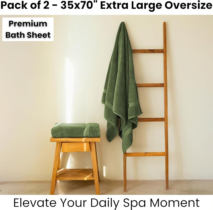SALBAKOS 2-Piece 100% Turkish Cotton Extra Large Bath Towel 35x70 inch | Premium Hotel Quality Bath Sheet Towels | Thick, Soft, Absorbent, Oversized Bath & Beach Towels (Green, 2 Bath Sheets)