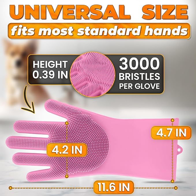 Cat and Dog Shampoo Gloves with 3000 Soft Bristles – 2-in-1 Dog Bath Gloves 11.6", Durable Silicone, Saves Shampoo | Massage, Grooming & Clean Wet or Dry – Made for Every Breed and Coat Style (Pink)
