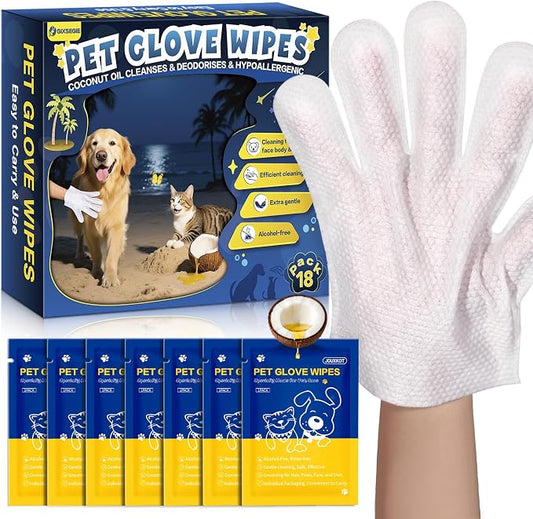 Pet Glove Wipes for Dogs and Cats, Deodorizing Cleaning Gloves, Hypoallergenic Coconut Oil Grooming Wipes, Individually Wrapped, for Pet Dry Cleaning, Daily Care and Travel, 18 Pcs
