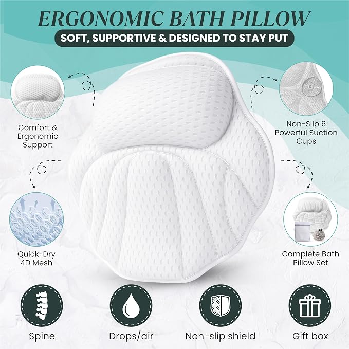 Bathtub Pillow for Head and Neck Support, Bath Pillow for Tub with 6 Suction Cups, Quick Dry Spa Tub Pillow, Bath Back Cushion with Mesh Polyester, Includes Bath Sponge and Wash Bag