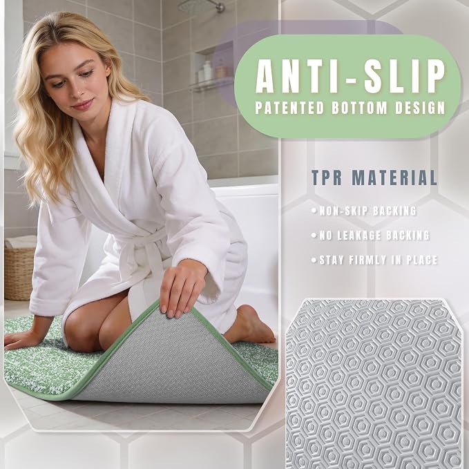 Yimobra Anti-Fatigue Long Bathroom Runner Rug Non Slip – Microfiber Cushioned Bath Mat Absorbent Machine Washable for Pressure Relief, Green and White, 56" x 24" (4.7' × 2.0')
