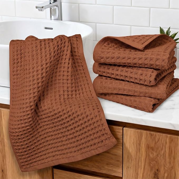 Jacquotha Waffle Hand Towels for Bathroom 5-Piece (Rust) - Cotton Quick Dry, Fall Kitchen Towels for Autumn Decor, 13” x 29”