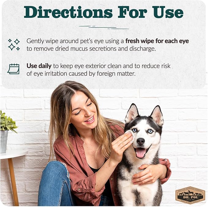 Dr. Pol Pet Eye Wipes for Dogs – Tear Stain Remover & Eye Discharge Cleaner – Hypoallergenic Grooming Wipes, 100 Count – Lightly Scented