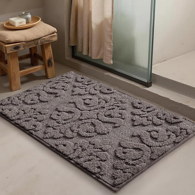 LUMI Bathroom Rugs Non Slip Rubber Backing, Ultra Soft Microfiber Bath Mat Machine Washable, Elegant Floral Bath Rugs for Shower Floor, Bathtub, Sink, 17x30, Grey